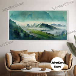 panoramic green blue foggy mountain valley watercolor canvas art print, misty rolling hills landscape, extra large panor