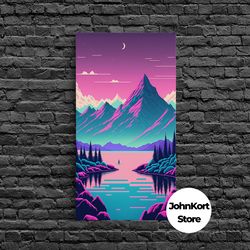 pink and purple fantasy mountain art, framed canvas print, pacific northwest inspired fantasy art, pop art