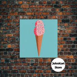 pop art ice cream cone with sprinkles, retro style framed canvas print art, turquoise art, vintage inspired ice cream sh