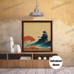 red and blue japanese samurai warrior wall poster, fine art print