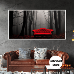red sofa in a forest framed canvas print, thought provoking art, framed art, creepy photography, halloween art