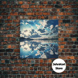 reflections in ice, framed canvas print, unique farmhouse wall art, blue and white tones