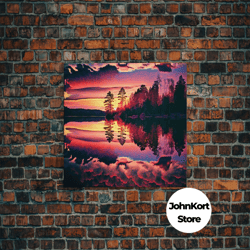 reflections on the lake, red landscape art, framed canvas print, subdued red nature art