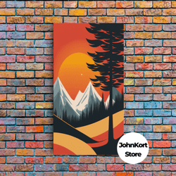 retro landscape art, sunset over the mountains, framed canvas print, minimalist pop art, above sofa living room art, ent