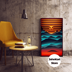 retro landscape mountains sunrise sunset colorful fine art print, red blue yellow wall poster