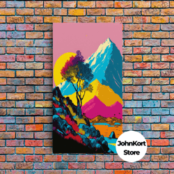 retro midcentury style wall art, framed canvas print, colorful wall art, mountain landscape, office decor, low res art-1