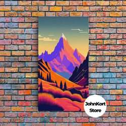 retro purple midcentury style wall art, framed canvas print, colorful wall art, mountain landscape, office decor, low re