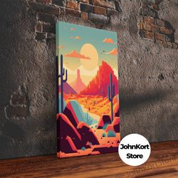 Retro Synthwave Desert Landscape Art, Framed Canvas Print, Unique Sunset Art, Living Room Wall Decor, Framed Art, Southw