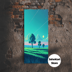 retrowave landscape pixel art, soothing art, framed canvas print, light pastel sunset