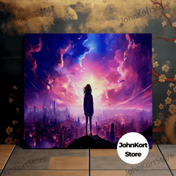 girl overlooking the vast city, heavenly lighting, beautiful landscape, scenic wall art, canvas art, canvas print, ready