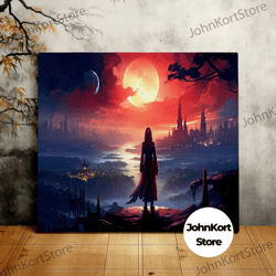 red robe woman overlooking a foreign land, majestic landscape, stunning scenery, scenic wall art, canvas art, canvas pri