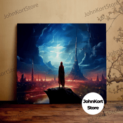 red robed woman over a future city, fantasy art, cyberpunk, beautiful landscape, scenic wall art, canvas art, canvas pri