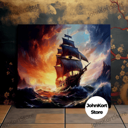 sailing the high seas, galleon sailing during a storm, nautical art, scenic wall art, canvas art, canvas print, ready to