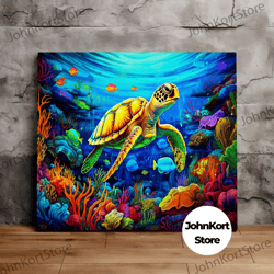 sea turtle under the sea, ocean art, sealife art, nature art, tropical fish, scenic wall art, canvas art, canvas print,