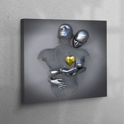 canvas wall art, wall art, 3d wall art, 3d silver hugging couple, romantic couple poster, valentines day gift canvas,