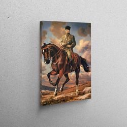 canvas wall art, wall decor, canvas decor, mustafa kemal artwork, horse canvas print, ataturk riding horse artwork,