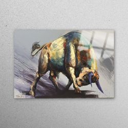 glass art, glass printing, workplace decor, bull paintign print, bull glass wall, abstract animal glass art, loft workpl