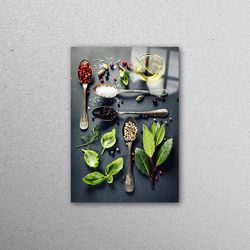 glass art, wall decor, workplace decor, herbs and spices, dining room workplace decor, kitchen glass wall art, contempor