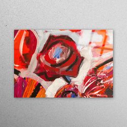 glass printing, glass art, wall decor, abstract rose painting, modern wall decor, red glass wall art, abstract flower wo