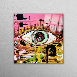 glass printing, glass art, wall decor, eye glass wall art, graffiti workplace decor, abstract glass wall, colorful workp