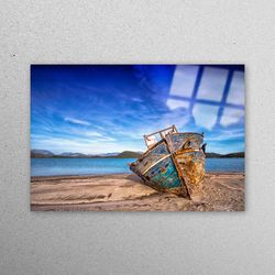 glass art, glass wall decor, workplace decor, old boat on the beach wall art, view glass wall art, landscape glass decor