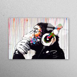 glass printing, mural art, glass wall art, banksy thinking monkey, banksy wall decor, abstract monkey glass art, music g