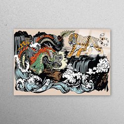 glass printing, mural art, glass wall decor, dragon vs tiger glass printing, japanese workplace decor, utagawa kuniyoshi