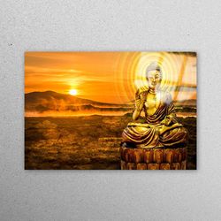 glass printing, mural art, workplace decor, asian glass art, landscape workplace decor, golden buddha glass decor, statu