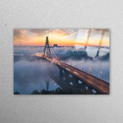 glass wall art, mural art, workplace decor, view glass wall, ukraine kiev bridge glass decor, sky glass wall art, travel