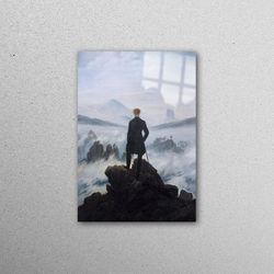 glass wall art, workplace decor, glass art, famous glass decor, wanderer above the sea of fog wall art, caspar david gla