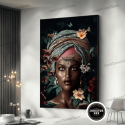 decorative wall art, black woman head flowers poster, black art, black woman, woman art decor, fashion print, flower wom