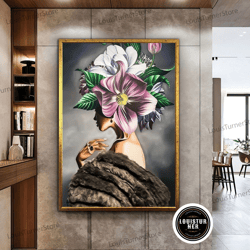 decorative wall art, furry woman, floral woman art, flower canvas print, flower wall decor, fashion canvas art, luxury f