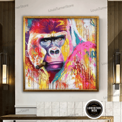 decorative wall art, gorilla smoking wall art, cigar wall decor, gorilla canvas print, colorful animals canvas painting,