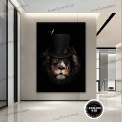 decorative wall art, lion with fedora poster, butterfly canvas painting, animals print home decoration, lion design canv