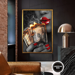 decorative wall art, sexy woman with red lips, woman with dollars canvas wall art , woman canvas , women canvas print ,