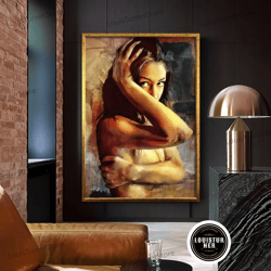 decorative wall art, shy sexy girl canvas painting, bedroom art canvas, woman wall decor, erotic girl canvas art, sensua