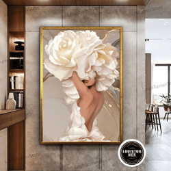decorative wall art, white flower woman, woman in flower dress, flower canvas print, floral art, sexy woman art, fashion