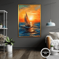 decorative wall art, coastal boat in the ocean canvas, ready to hang seascape art, framed wall hanging