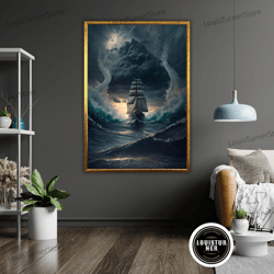 decorative wall art, coastal ship in sea canvas print, nautical wall art, ready to hang framed canvas, ocean decor, mari