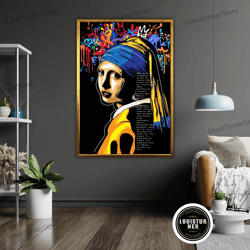 decorative wall art, girl with a pearl earring graffiti art canvas, street art wall decor, urban pop art, contemporary a
