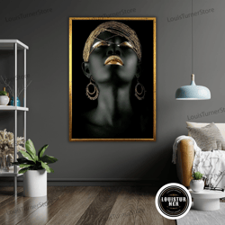 decorative wall art, gold accessory art canvas print, black woman wall decor, ready to hang, framed african american art