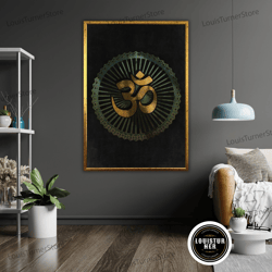 decorative wall art, golden om hindu symbol art canvas print, ready to hang, framed meditation wall decor