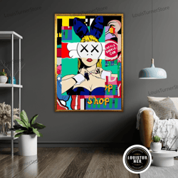 decorative wall art, graffiti bunny girl canvas, abstract street art dcor, urban wall painting, modern rabbit print, col