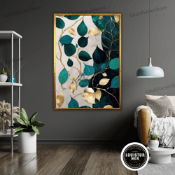 decorative wall art, green marble leafs art canvas print, ready to hang, framed nature wall decor