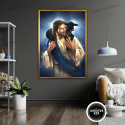 decorative wall art, religious jesus lamb framed canvas print, jesus with lamb art, ready to hang wall decor