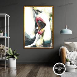 decorative wall art, romantic kissing couple art canvas, framed wall decor, ready to hang canvas print, love gift idea