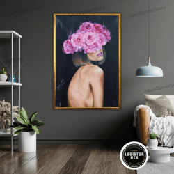 decorative wall art, rose haired woman art canvas, floral wall decor, feminine artwork, flower lover gift, romantic home