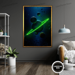 decorative wall art, saturn neon art canvas print, ready to hang, framed wall art, celestial decor, space lover gift