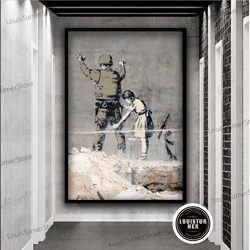 decorative wall art, banksy girl searching soldier graffiti art, political child painting, solider graffiti canvas decor