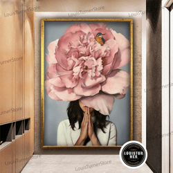 decorative wall art, bird and flower head woman wall art, pink floral woman canvas painting, bird on woman's head art, w
